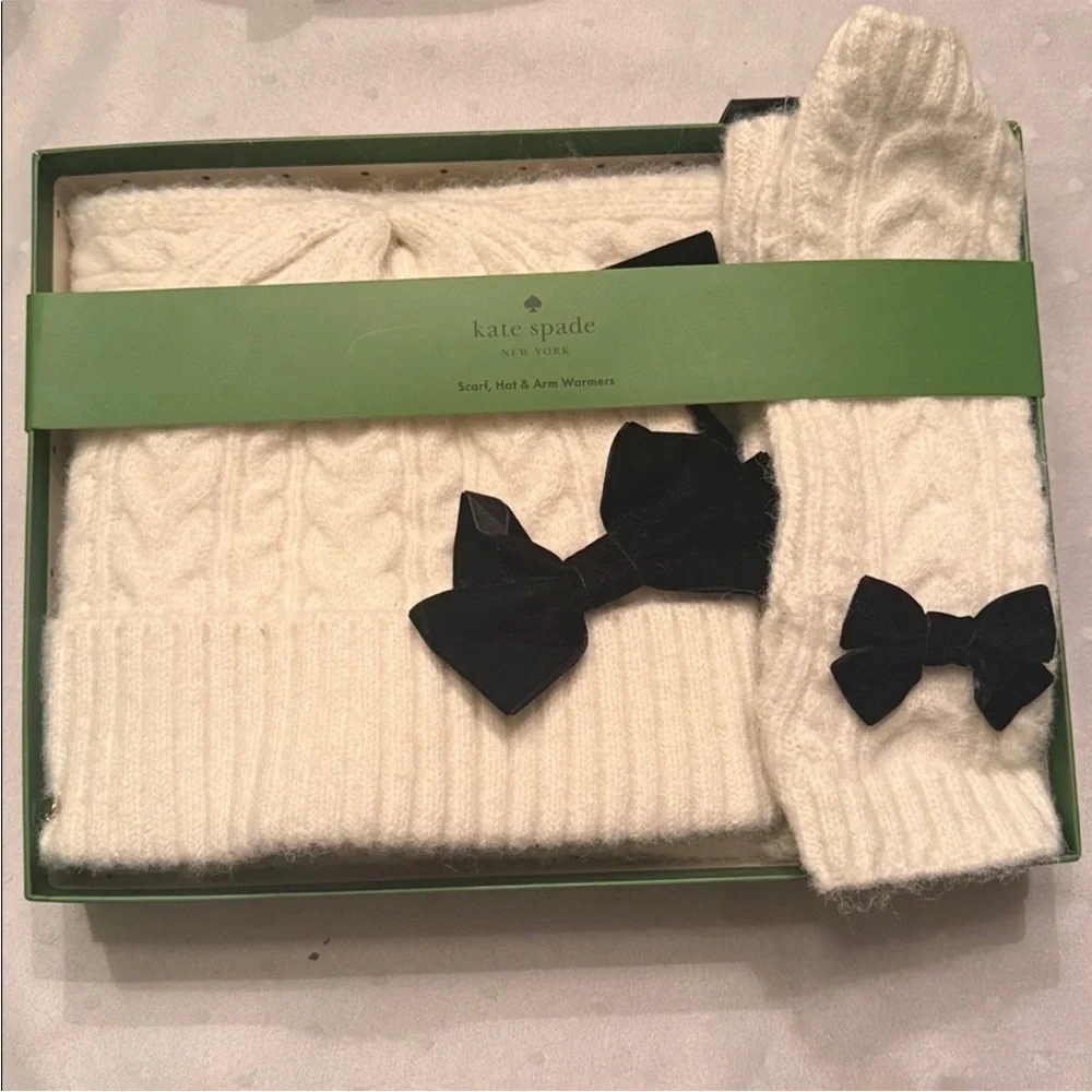 Kate Spade White Scarf,Hat,Arm Warmers Box Set NWT